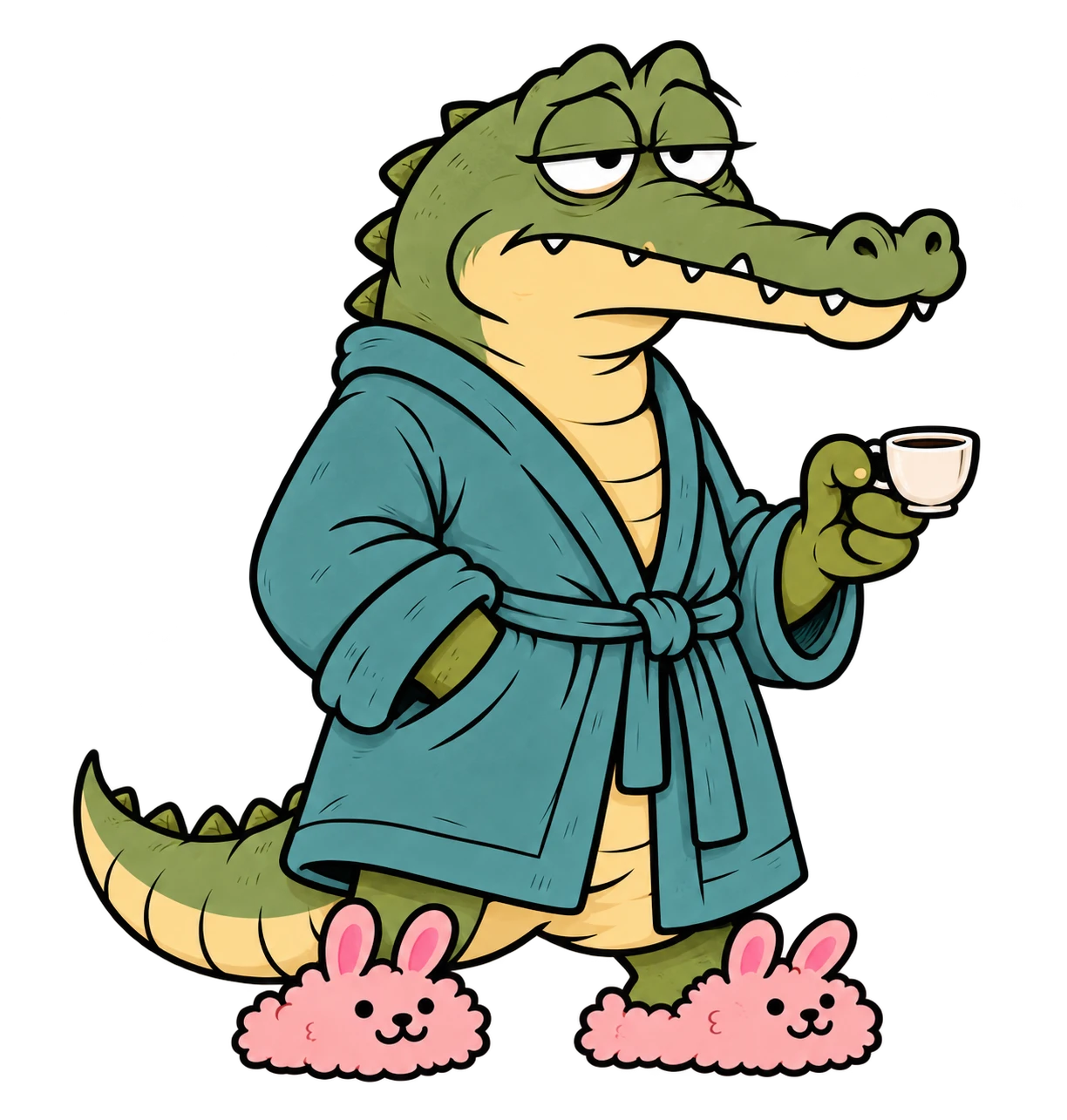 A sleepy crocodile in a bathrobe and bunny slippers holding coffee